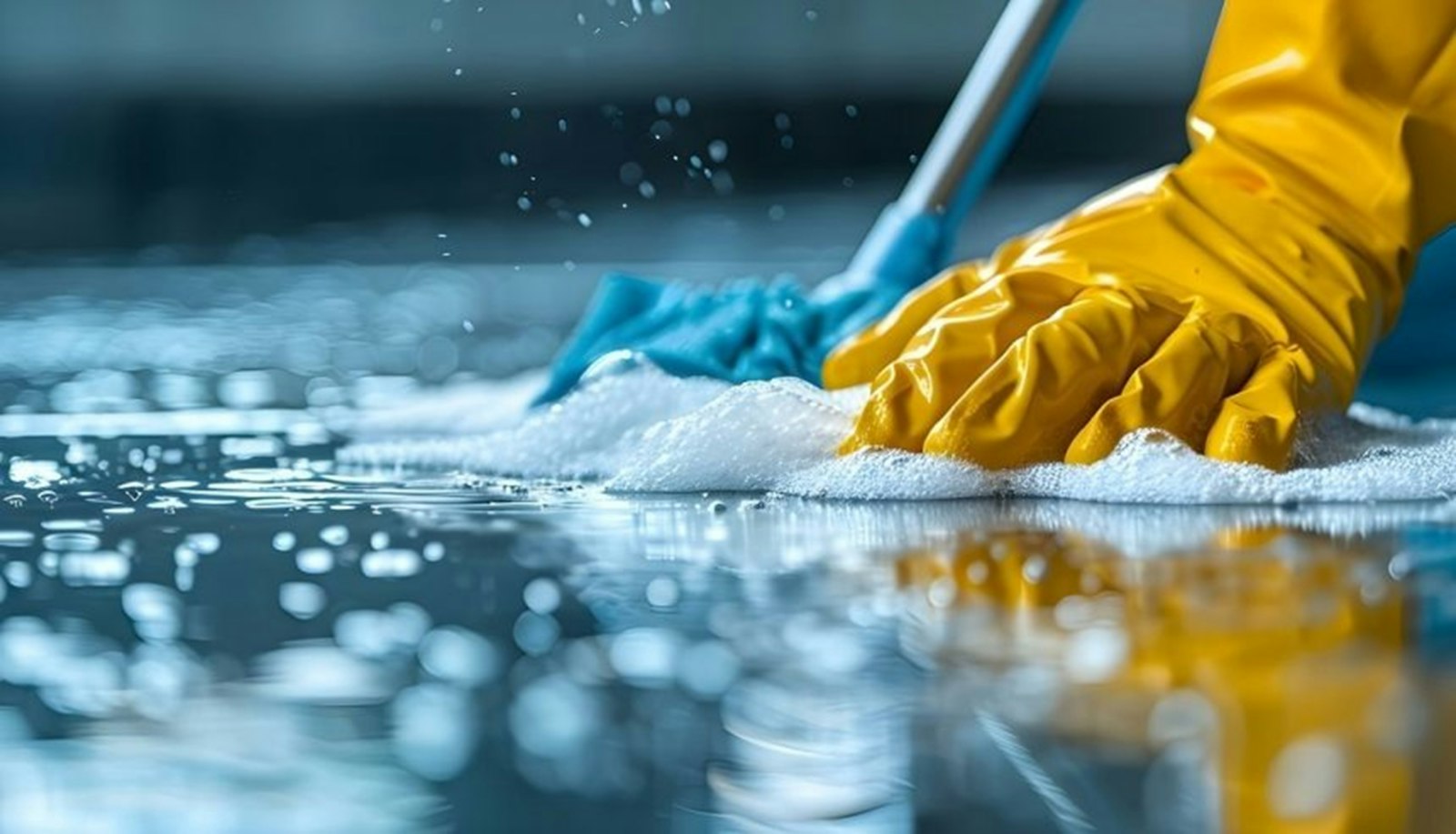 Gloved hand wiping a floor